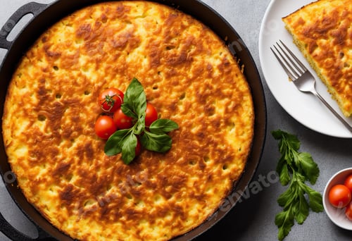 Preview: Spanish omelette with potatoes and onion, typical Spanish cuisine. Rustic dark background. top view