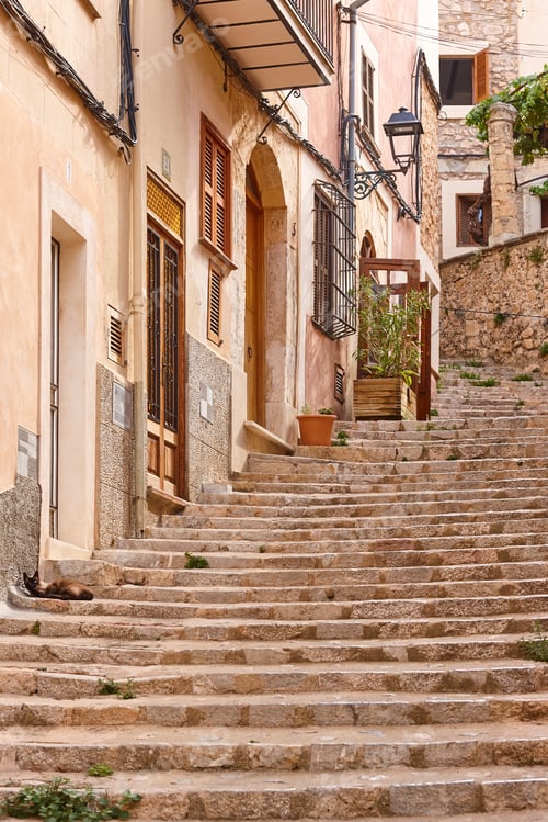 Preview: Picturesque stepped stone street in Mallorca island. Bunyola village. Spain