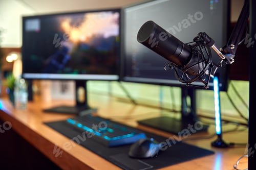 Preview: Gaming Computer Setup On Desk At Home With Microphone And Multiple Monitors