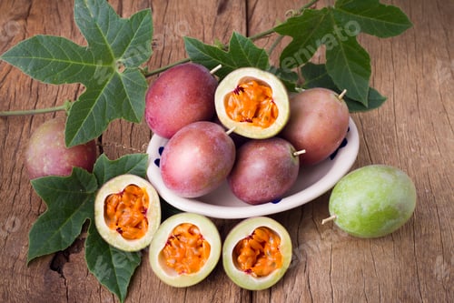 Preview: Passion Fruit Display on a Wooden Surface