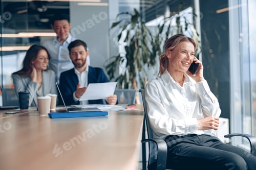 Preview: smiling mature lady is sitting on a chair and talking on phone during meeting in modern office