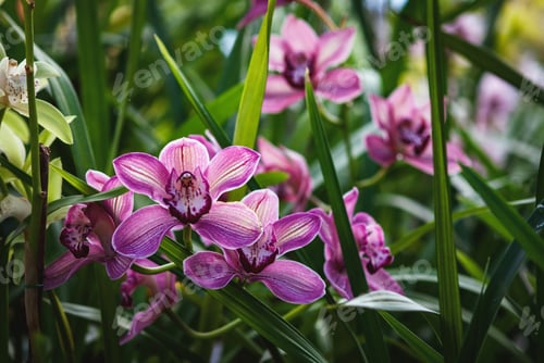 Preview: Cymbidium devonianum - purple boat orchids blooming in greenhouse