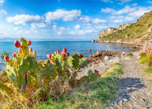 Preview: Scenic spring view on the the cape Milazzo panorama of nature reserve Piscina di Venere.