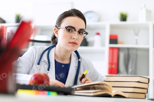 Preview: A beautiful young girl in a white robe is sitting at the computer desk with a marker and a book. A