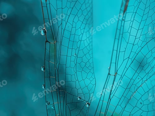 Preview: Background. Insect wing, dragonfly, macro, with dew drops on it , on a blue background