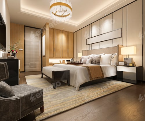 Preview: 3d rendering luxury modern bedroom suite in hotel with wardrobe and walk in closet