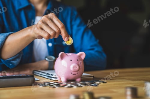 Preview: woman holds a coin in a pig-shaped piggy bank to save money for the future. after retirement and rec