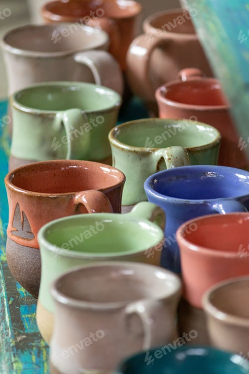 Preview: Handmade ceramic cups, closeup shot