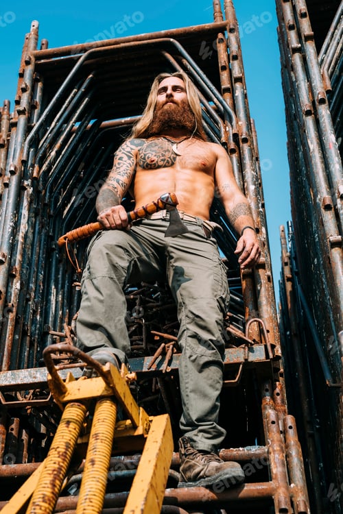 Preview: Man with axe by steel storage