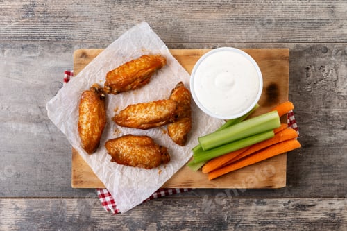 Preview: Buffalo spicy chicken wings with cayenne pepper sauce on wooden table