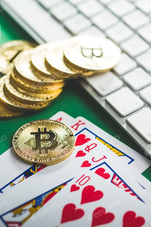 Preview: Red glass playing dices and bitcoins.