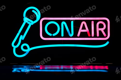 Preview: Audio broadcast radio studio neon fluor lights. On air. Live
