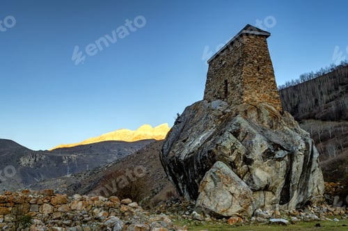Preview: View of medieval Tower Fortress Amirkhan-Kala in Northern Caucasus, Russia