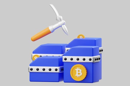 Preview: Abstract blue boxes with Bitcoin logo and pickaxe.