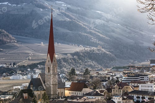 Preview: Small town of Silandro in Trentino Alto Adige, with the bell tower of its cathedral at the center