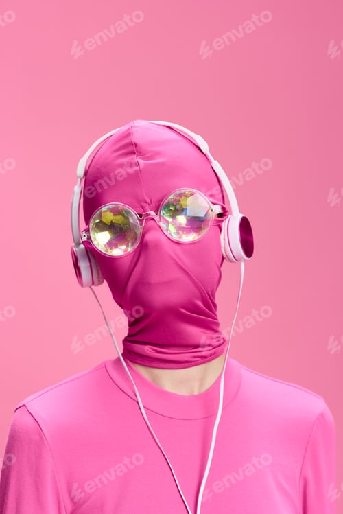 Preview: A crazy conceptual portrait of a young woman without a face mask on a pink background and wearing