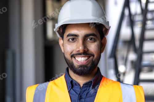 Preview: Close-up portrait of young engineer in hard hat and vest, man smiling and looking at camera, worker