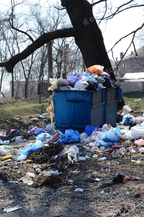 Preview: The garbage can is packed with garbage and waste. Untimely removal of garbage in populated areas
