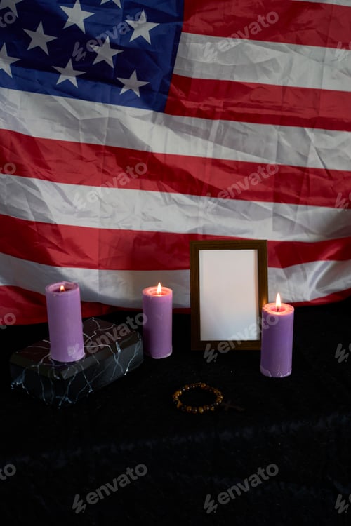 Preview: funeral, a photo frame, candles, urn for ashes, holy bible