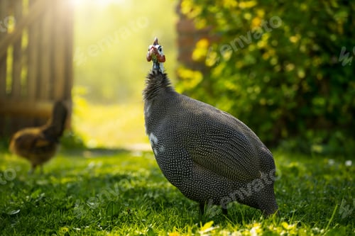 Preview: Guinea fowl grazing on green backyard grass