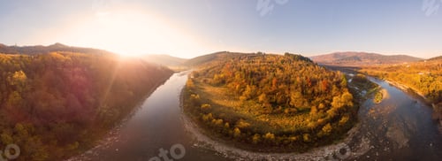 Preview: 180 degrees panoramic landscape colorful autumn in Carpathians, Eastern Beskids