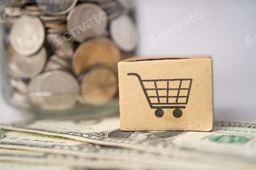 Preview: Coins, Currency, and Box with Shopping Cart Image