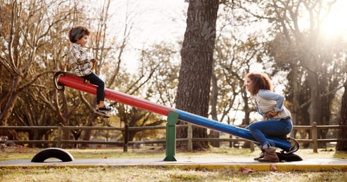 Preview: Park, mother and child with seesaw, playground and game with family balance and holiday with parent