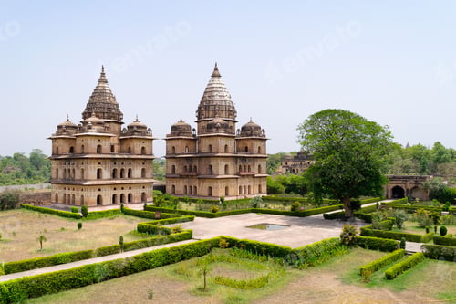 Preview: Beautiful shot of the Royal Chhatris of Orchha with a garden, India