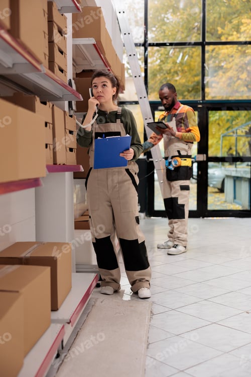 Preview: Storage room worker discussing products quality control