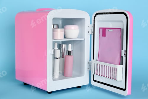 Preview: Pink cosmetics refrigerator with skin care products on light blue background