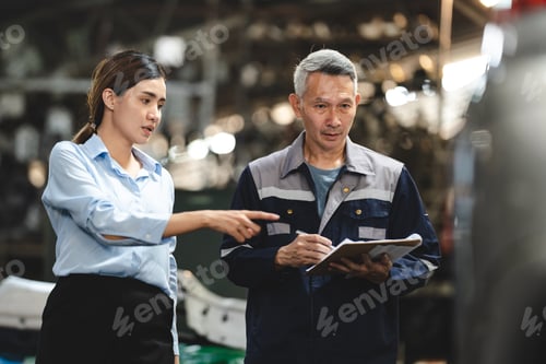 Preview: Asian woman customer talking with professional mechanic worker or workshop owner, client checking