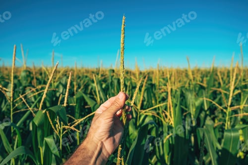 Preview: Farmer examining tasseling corn plant in field