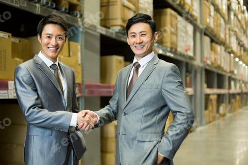Preview: Business partners shaking hands in logistic warehouse