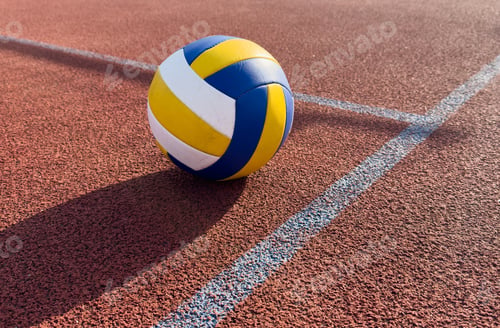 Preview: volleyball. blue with yellow color ball on the playground. volleyball cover, red. ball game