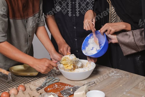 Preview: Muslim People Mixing Dough in Bowl, Making Ramadan Cookies Together