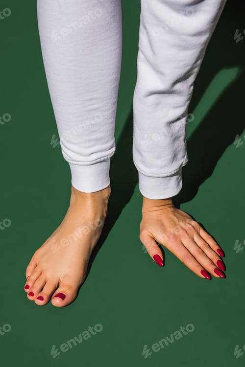 Preview: Bright fashionable hand and leg working up daily things together. Modern artwork, contemporary art