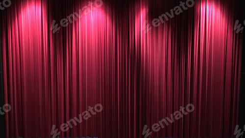 Preview: Closed Red theater curtains on stage with lights from above partially lighting the curtains