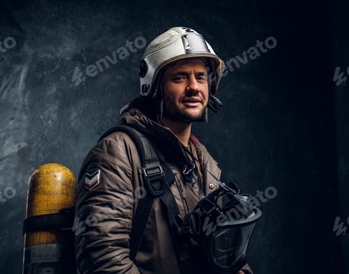 Preview: Smiling fireman with helmet and oxygen mask