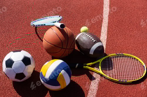Preview: A variety of sports equipment including an american football, a soccer ball, a tennis racket, a