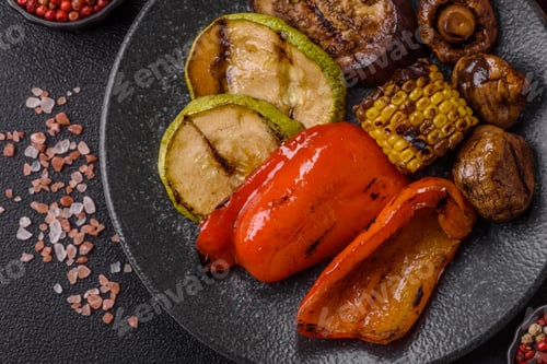 Preview: Grilled vegetables, bell peppers, mushrooms, and zucchini, a vegetarian meal. Grilled vegetables