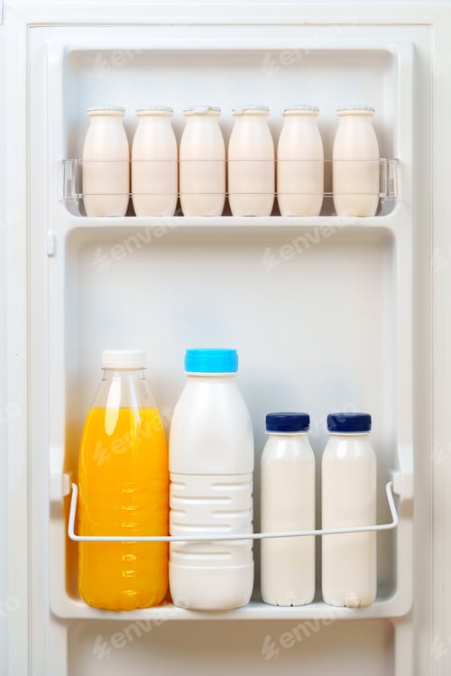 Preview: White Milk Bottles Stored in a Refrigerator Door Shelf