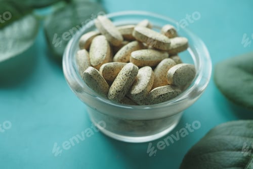 Preview: Colorful tablets in a clear bowl against a turquoise background