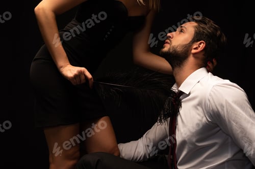 Preview: passionate couple of lovers playing with feather on bed in dark room