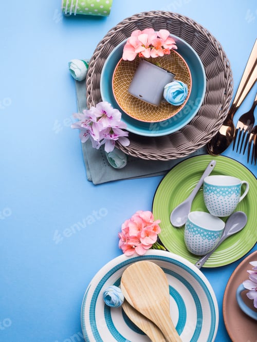 Preview: Tableware dish set on blue pastel background