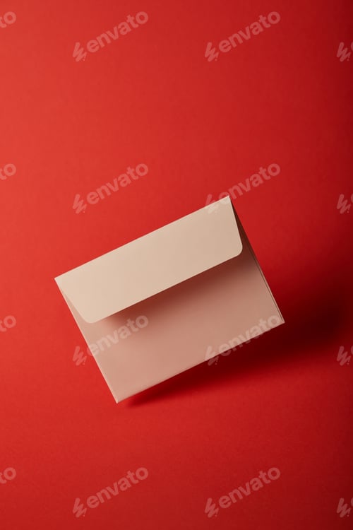 Preview: beige, blank and empty envelope on bright colorful red background with copy space