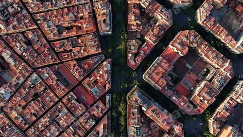 Preview: Aerial view of Barcelona Eixample residential district and old town narrow streets, gothic quarter