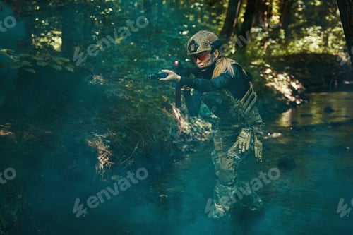Preview: Serious lady in colored smoke in grouping