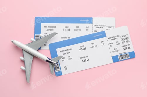 Preview: Travel agency. Flight tickets and plane model on pink background, flat lay