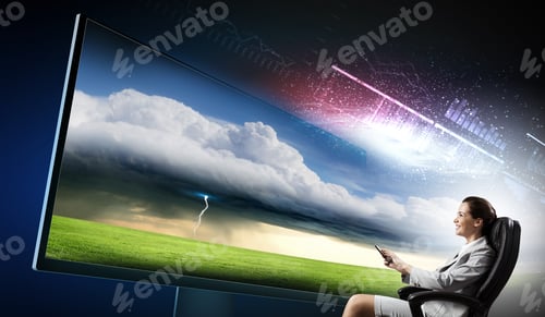 Preview: Young Businesswoman In Chair Near Tv Screen With Click