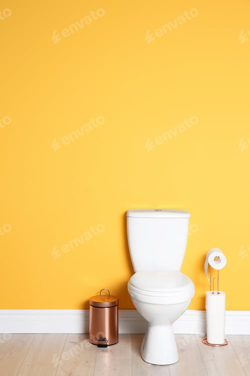Preview: New ceramic toilet bowl in modern bathroom with space for text